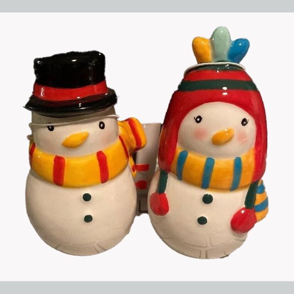 Ceramic Snowman Salt And Pepper Shakers, 3” Tall, Top Hat And Toque - Picture 1 of 2